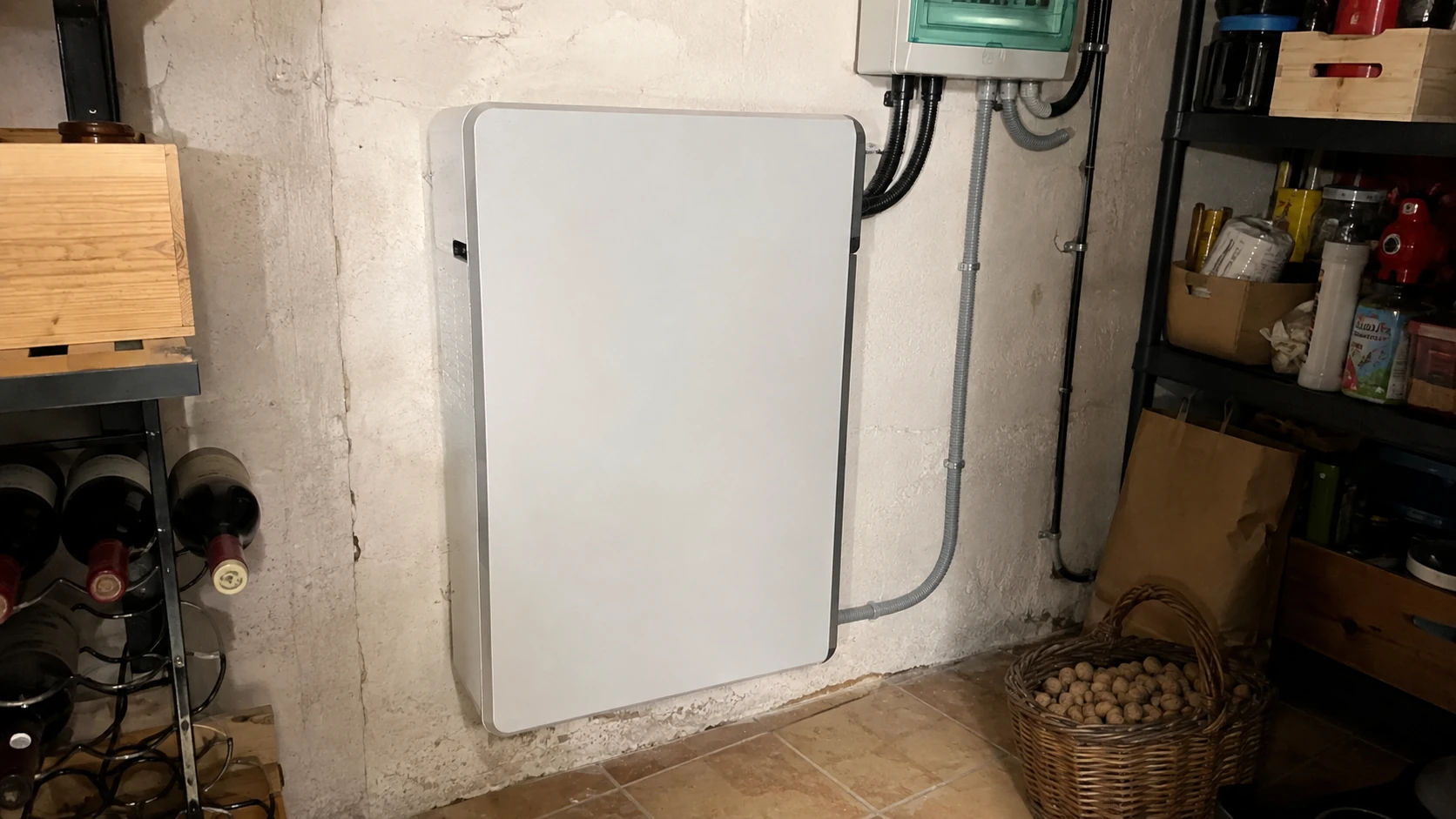 Batterie de stockage domestique en coffret mural clair, fixée sur équerres dans un cellier, avec coffret de coupure et gaines en partie basse.