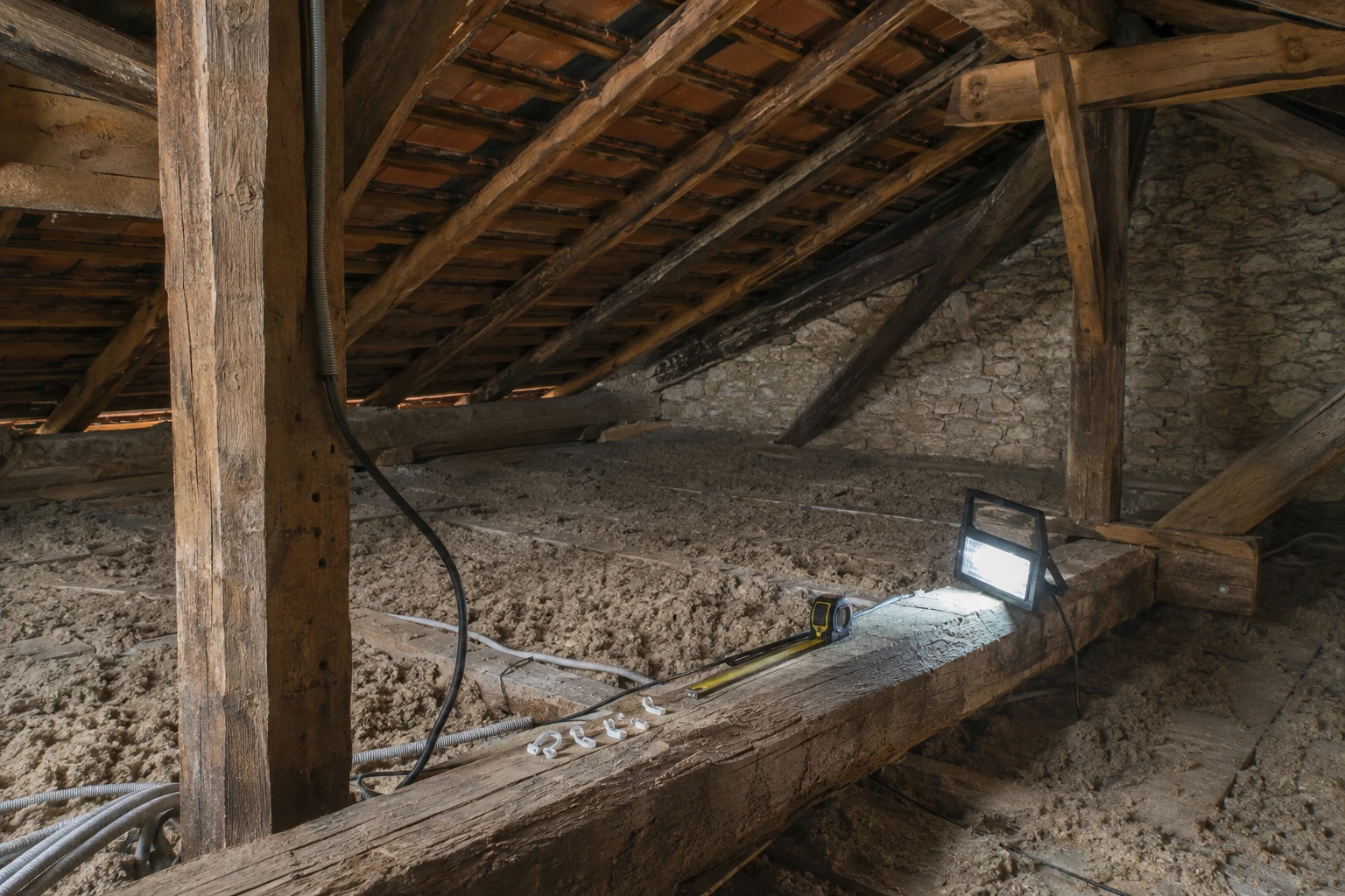 Combles non aménagés vus depuis la trappe : charpente traditionnelle en bois, sous-toiture, laine de verre entre les solives, mètre ruban et lampe posés sur un chevron.