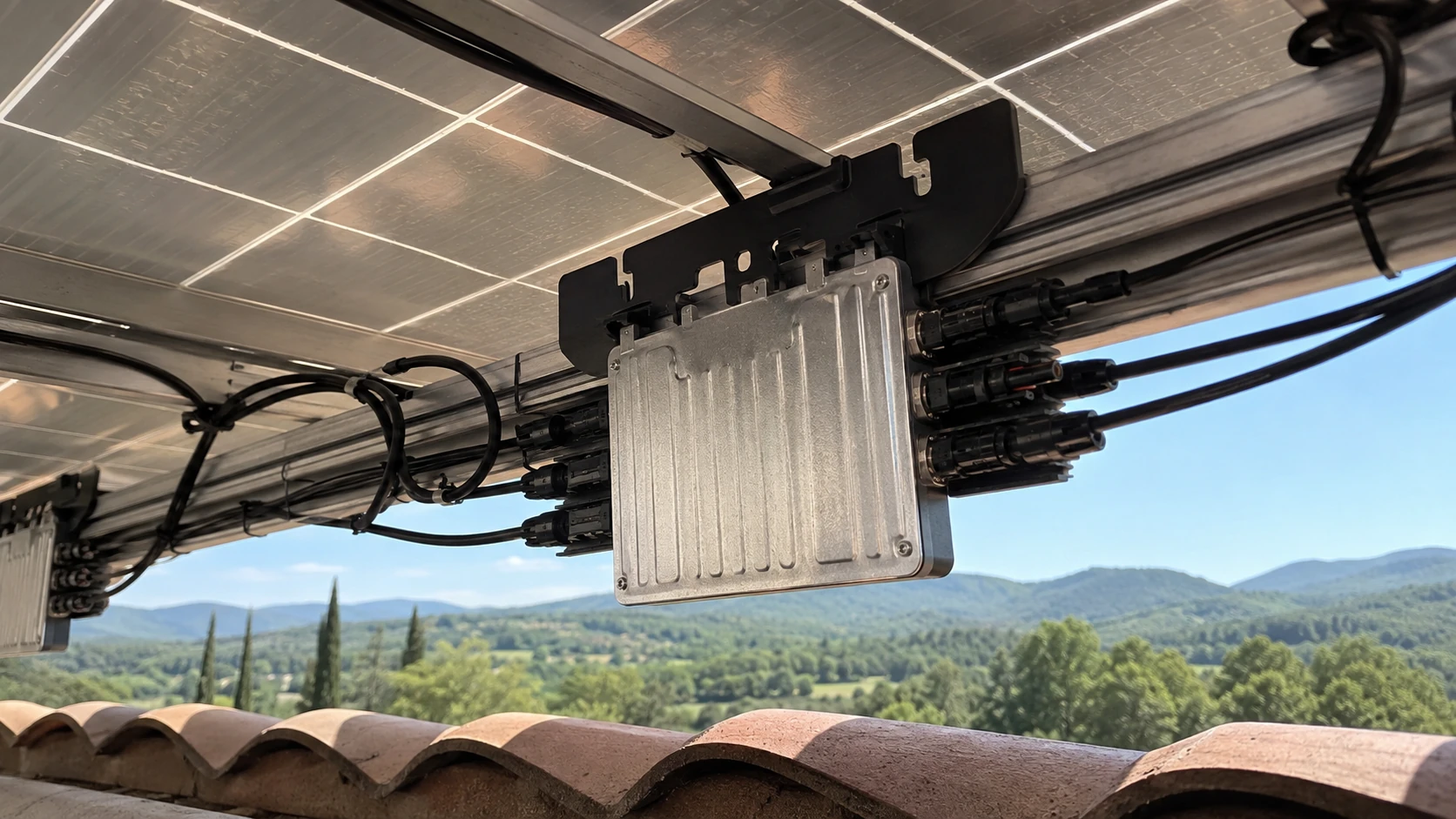 Micro-onduleur en boîtier aluminium à ailettes fixé sous un module sur son rail, connecteurs enfichés et câbles maintenus par des colliers.
