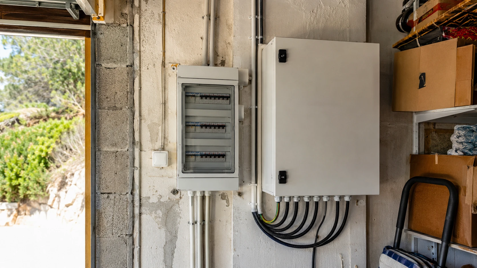 Tableau électrique domestique ouvert dans un garage : rangées de disjoncteurs, coffret de protection voisin et gaines grises fixées au mur.